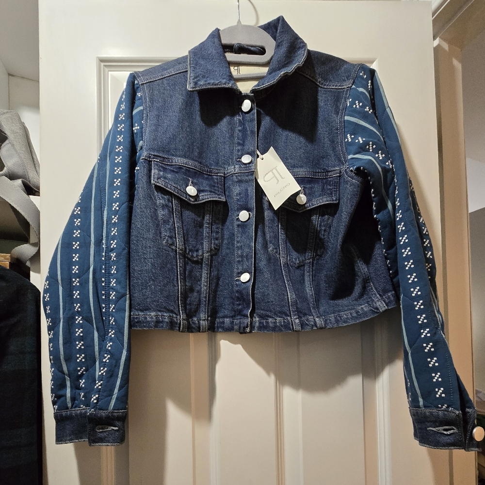 Pilcro Cradted Sleeve Cropped Denim Jacket with Patterned Sleeves